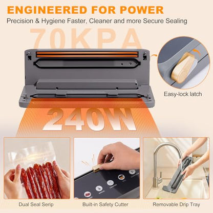 Mieja Food Vacuum Sealer Machine, 5-in-1 Dry & Moist Modes Automatic One-Touch Sealer with Built-in Cutter, External Hose for Jars, 20 BPA-Free Bags, Compact for Sous Vide, Meal Prep & Freezer Storage