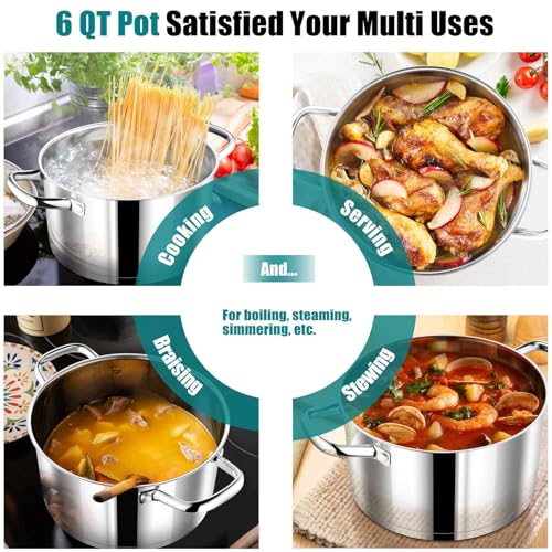 P&P CHEF 6 Quarts Cooking Stock Pot with Lid, Stainless Steel Stockpot Induction Pot for Soup, Tri-Ply Bottom & Clear Glass Lid & Double Handle, Dishwasher Safe