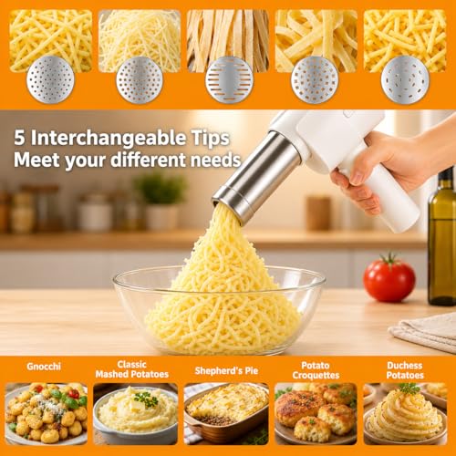 5-in-1 Cordless Electric Noodle Maker, Rechargeable Potato Ricer & Sausage Stuffer, 304 Stainless Steel Handheld Multifunctional Kitchen Tool Easy Clean for Homemade Pasta Baby Food