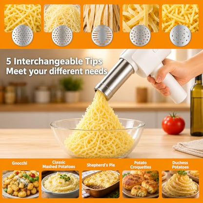 5-in-1 Cordless Electric Noodle Maker, Rechargeable Potato Ricer & Sausage Stuffer, 304 Stainless Steel Handheld Multifunctional Kitchen Tool Easy Clean for Homemade Pasta Baby Food