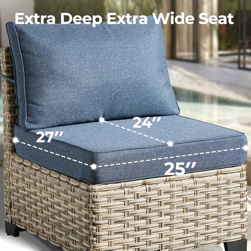 HOOOWOOO Sectional Patio Furniture Set with Fire Pit Table,17 Pieces Wicker Outdoor Furniture L Shaped Couch,Outside Conversation Set Extra Deep Sofa Wide Arm Swivel Chairs Ottoman Light,Denim Blue