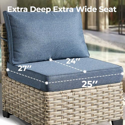 HOOOWOOO Sectional Patio Furniture Set with Fire Pit Table,17 Pieces Wicker Outdoor Furniture L Shaped Couch,Outside Conversation Set Extra Deep Sofa Wide Arm Swivel Chairs Ottoman Light,Denim Blue