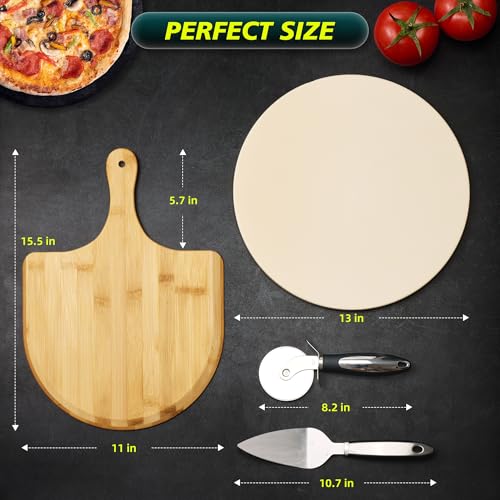 13 Inch Cordierite Pizza Stone 4-Piece Set for Oven & Grill - Round Baking Stone with Wooden Peel, Roller Cutter & Mini Cake Shovel