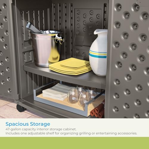 Suncast Patio Storage and Prep Station with 47-Gal. Cabinet, Adjustable Shelf, and Utensil Hooks, Outdoor Rolling Storage Cabinet and Grill Prep Table, Made in The USA