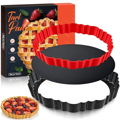 Maywe Tanso Upgraded 9 Inch Tart Pan with Removable Bottom, Non-Stick Deep Fluted Carbon Steel Quiche Pan, Includes Crust Shaper Ring - Quiche Baking Dish Tart Mold for Baking, Party & Festival