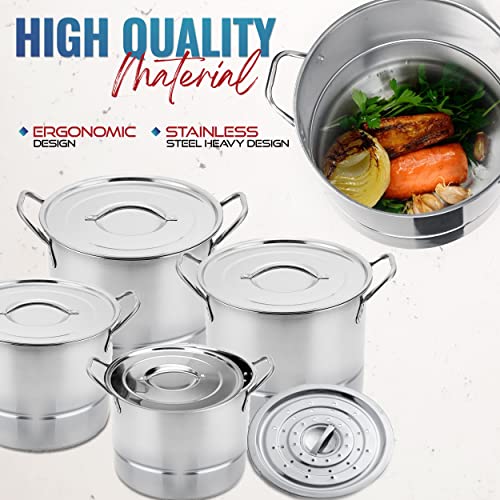 Alpine Cuisine 12-Piece Stainless Steel Stock Pot and Steamer Set – Large Cooking Pots with Lids For Soup, Boiling, Canning, Steaming, Tamales 6.5/9.5/12/16 Quart