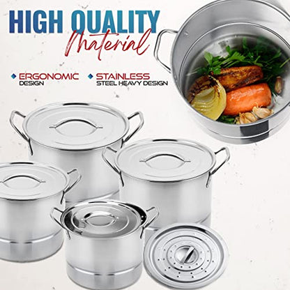 Alpine Cuisine 12-Piece Stainless Steel Stock Pot and Steamer Set – Large Cooking Pots with Lids For Soup, Boiling, Canning, Steaming, Tamales 6.5/9.5/12/16 Quart