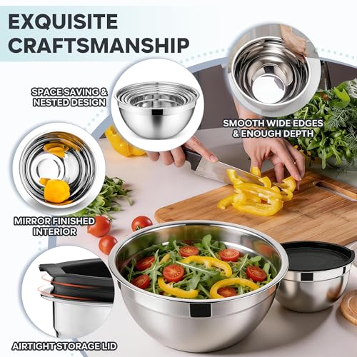 E-far Mixing Bowls With Lids Sets of 5, 10-Piece Stainless Steel Salad Metal Nesting Bowl for Baking Cooking and Prepping, Airtight Lid & Stackable Design, Size 4.6, 3, 2.1, 1.5, 0.7 QT, Black