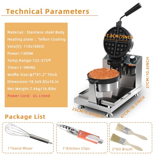 Hehinton® 110V 1300W Commercial Belgian Waffle Maker, Rotatable Croffle Machine with 122-572℉ Temp Control, 0-5min Timer, φ7"X1.2" Thick Non-Stick Liege Waffle Maker