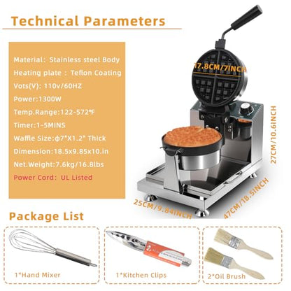 Hehinton® 110V 1300W Commercial Belgian Waffle Maker, Rotatable Croffle Machine with 122-572℉ Temp Control, 0-5min Timer, φ7"X1.2" Thick Non-Stick Liege Waffle Maker