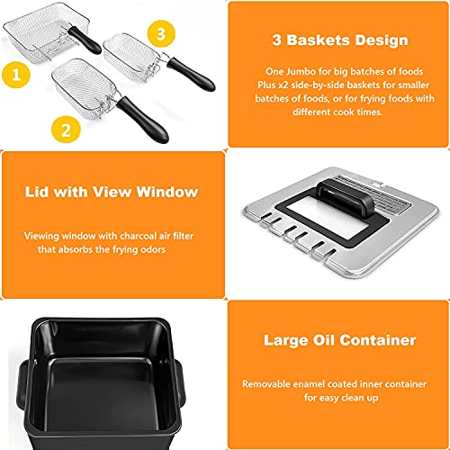 5.3QT Electric Deep Fryer with 3 Baskets, SIMOE 5L Stainless Steel Deep Fryer w/60 Timer & Lid with View Window, Home Countertop Oil Fryer w/Temperature Control for Kitchen, Party, French Fries