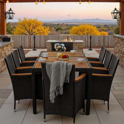 Greesum 9 Pieces Outdoor Patio Dining Set, Conversation Sets with 1 Table and 8 Rattan Chairs with Curved Acacia Wooden Armrests and Cushions, Black