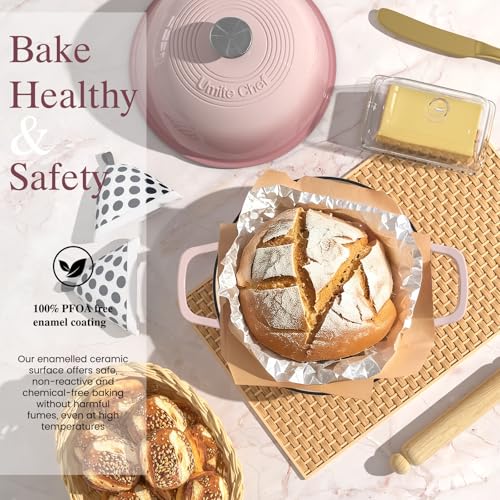Cast Iron Dutch Oven Pot with Lid, Round Bread Oven for Sourdough Bread Baking, Umite Chef Enameled Cast Iron Bread Oven with Dome Lid & Cotton Potholders for Sourdough, Pink, 6 Quarts