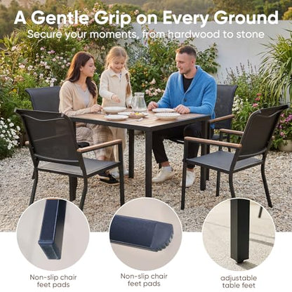 NATURAL EXPRESSIONS HDPS Patio Outdoor Table and Chairs Set for 4, Patio Dining Set with 4 Textilene Chair and 36” Square Fauxwood Patio Table with Umbrella Hole for Garden, Backyard, Deck (Black)