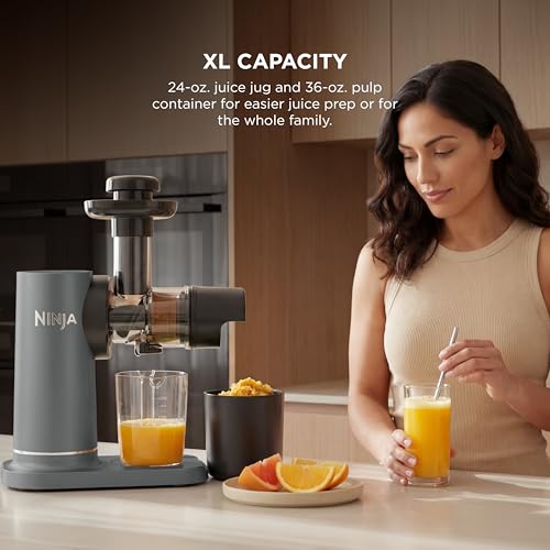 Ninja NeverClog Cold Press Juicer | Powerful Electric Slow Masticating Juicer with Pulp Control | XL Capacity | 24 oz. Juice Jug & 36 oz. Pulp Container | Dishwasher Safe | Charcoal | 150W | JC151