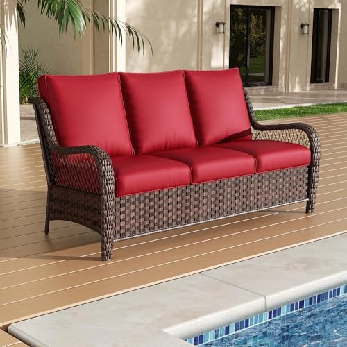 HOMYKA Outdoor Wicker 3 Seater Sofa, All-Weather Use Patio Rattan Sofa with Seat and Back Cushion, Ideal for Porch, Backyard, Balcony, Poolside, Red