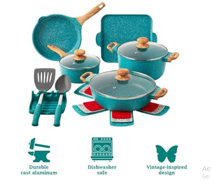 Prairie Signature 14-Piece Cast Aluminum Cookware Set, Teal Speckle