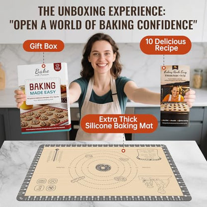 Silicone Baking Mat with 10 Quick Recipes, Extra Thick Silicone Mats for Baking, Non Stick Pastry Mat,Reusable kneading Dough Rolling Mat for Cookie, Macaron, Bread, Pizza-Tutorial Video Included