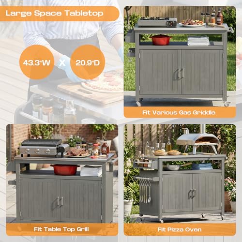 FUQARHY 43.3-Inch Outdoor Kitchen Island with Storage Cabinet and Stainless Steel Top, Solid Wood Prep Station Grill Table with Lockable Wheels for Patio, Backyard, Party (Gray)