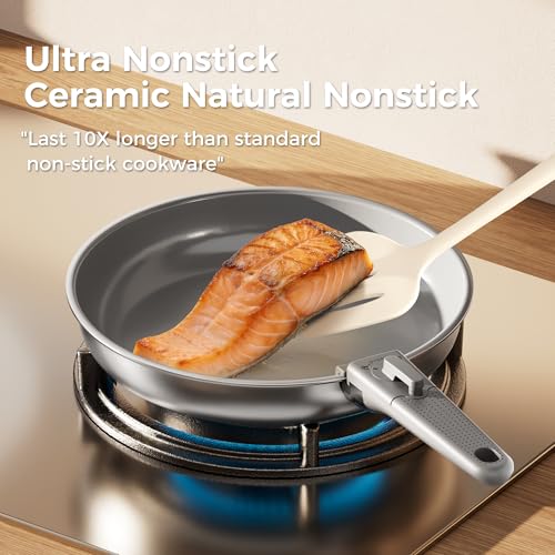 Sanho 21-Piece Pots and Pans Set, Healthy Ceramic Nonstick Cookware with Detachable Handles, Induction RV Kitchen Set, Dishwasher & Oven Safe, Gray