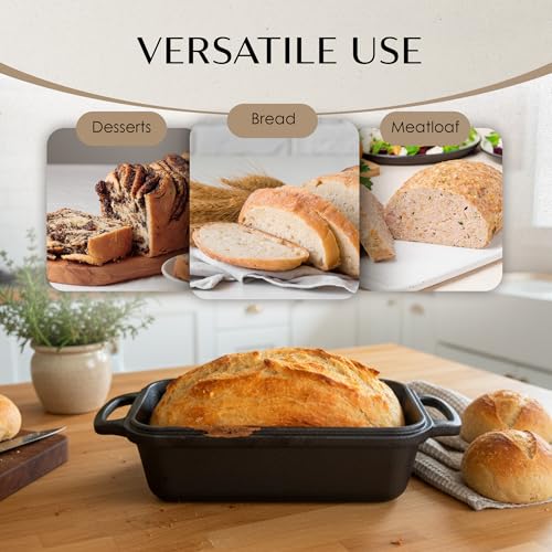 White Oaks Ranch Cast Iron Bread Loaf Pan + Bread Bag + Dough Whisk + Brush | 2-in 1 Pre-Seasoned oven-safe bread pan for homemade bread | 5-Piece Set