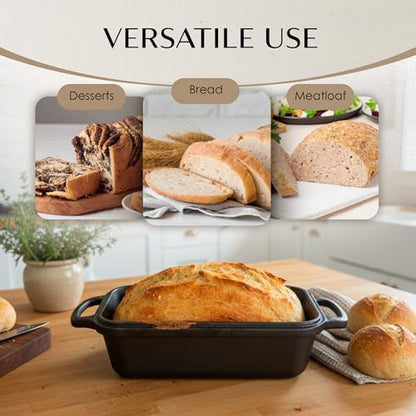 White Oaks Ranch Cast Iron Bread Loaf Pan + Bread Bag + Dough Whisk + Brush | 2-in 1 Pre-Seasoned oven-safe bread pan for homemade bread | 5-Piece Set