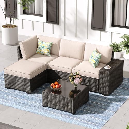 SunloungeCo 5 Pieces Outdoor Patio Furniture Set, Wicker Conversation Sets with Tea Table, Rattan Patio Sofa with Thick Cushions for Garden, Backyard, Poolside, Party, Beige