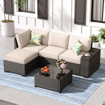 SunloungeCo 5 Pieces Outdoor Patio Furniture Set, Wicker Conversation Sets with Tea Table, Rattan Patio Sofa with Thick Cushions for Garden, Backyard, Poolside, Party, Beige
