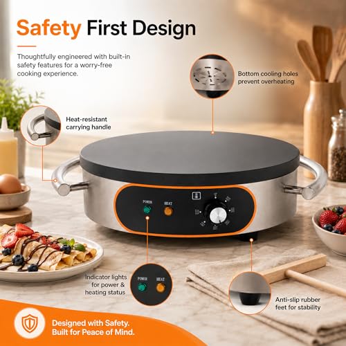Treliamd Commercial Crepe Maker, Pancake Maker Machine, 16" Non-Stick 1500W Electric Crepe Machine Constant Temperature, Thickened Cast Iron Cooking Surface Pancakes Maker Griddle with Handle