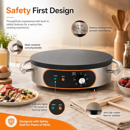 Treliamd Commercial Crepe Maker, Pancake Maker Machine, 16" Non-Stick 1500W Electric Crepe Machine Constant Temperature, Thickened Cast Iron Cooking Surface Pancakes Maker Griddle with Handle
