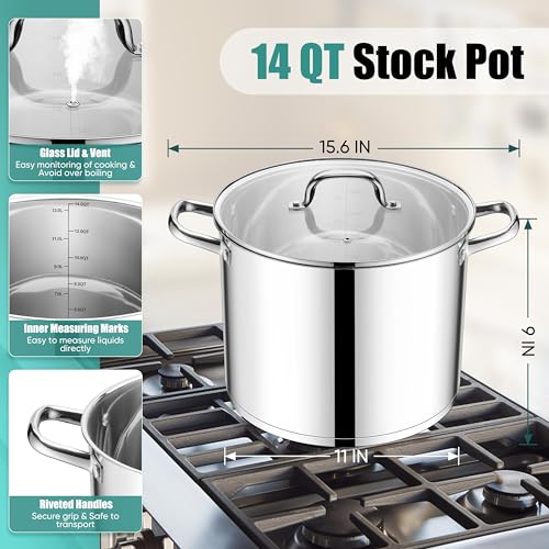 E-far 14 Quart Stainless Steel Stock Pot, Heavy Duty Induction Stockpot with Glass Lid for Cooking Soup Canning, Thick Tri-Ply Bottom & Riveted Handles, Compatible with All Stoves, Dishwasher Safe