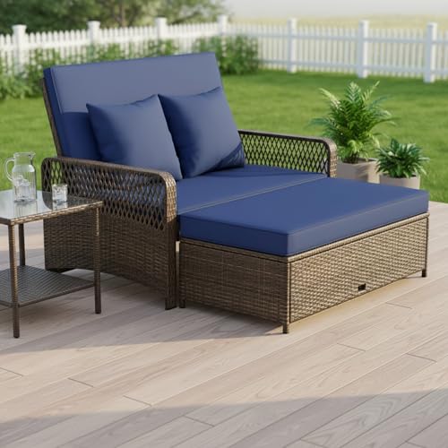 Tangkula Patio Rattan Daybed with 4-Level Adjustable Backrest, Navy