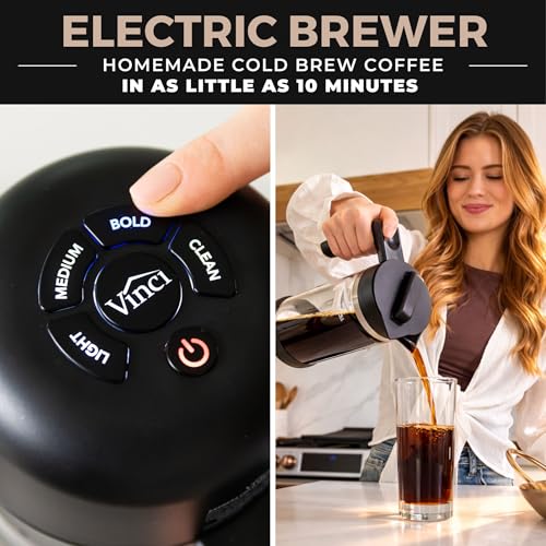 VINCI Express Cold Brew, Electric Cold Brew Coffee Maker in 10 Minutes, Glass Carafe, 3 Brew Strength Settings & Cleaning Cycle, Easy to Use & Clean 1.4 Liters Push Button Control