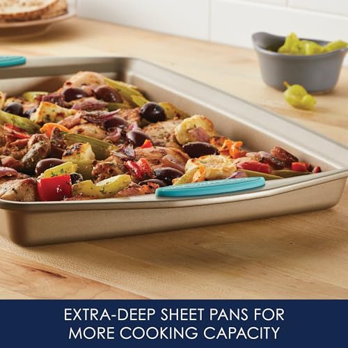 Rachael Ray Cucina Bakeware Set Includes Nonstick Bread Baking Cookie Sheet and Cake Pans, 5 Piece, Latte Brown with Agave Blue Grips