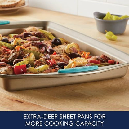 Rachael Ray Cucina Bakeware Set Includes Nonstick Bread Baking Cookie Sheet and Cake Pans, 5 Piece, Latte Brown with Agave Blue Grips