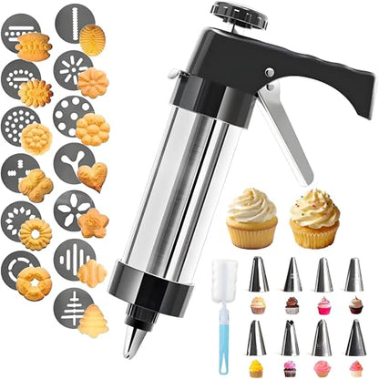 Stainless steel cookie press, cookie press gun set with 13 cookie press plates, a sponge brush and 8 piping nozzles, ideal for DIY Christmas cookies and decorative cookie nozzles, gift for women