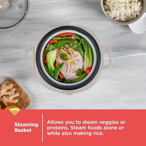 BLACK+DECKER 6-Cup Cooked (3 Cups Uncooked) Rice Cooker, Steaming Basket, Removable Nonstick Bowl, One-Touch Operation, Baked Stone