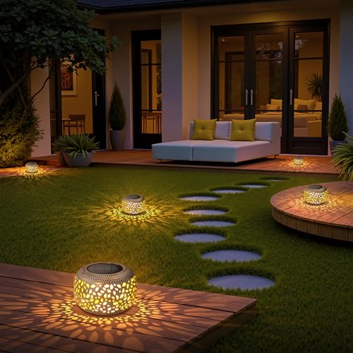Solar Lanterns Outdoor Waterproof: 2 Pack Hollow Out Retro Metal Lantern Lights - Solar Lantern Decorative - Gardening Gifts for Women Mother's Day, Outside Garden Yard Patio & Indoor Tabletop Decor