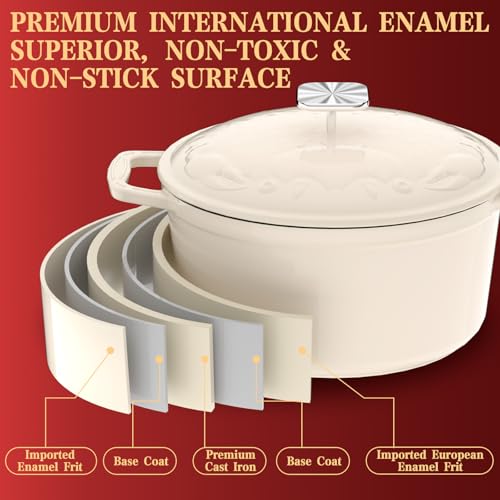 Enameled Cast Iron Dutch Oven - 5QT Dutch Oven Pot with Crab Lid & Oversized Knob & Ergonomic Handles - Heavy Duty Cookware for Braising, Stews, Roasting, Bread Baking - Cream White