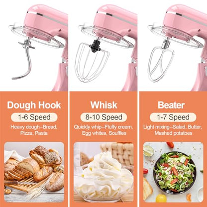 CEBORY 3-IN-1 Electric Stand Mixer, 6.5QT Bowl 660W 10-Speed Kitchen Mixer, Household Food Mixers include Dough Hook, Beater and Whisk, Bread Cake Mixer for Baking and Most Home Cooks, Pink