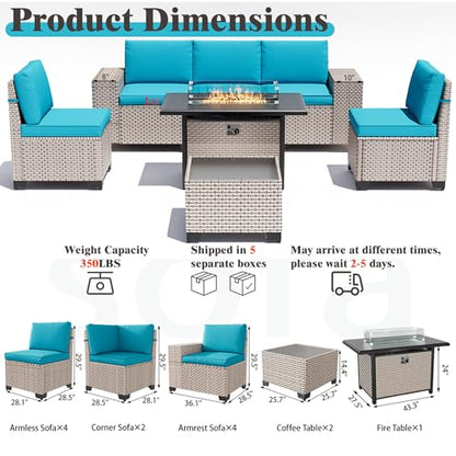 Aukreolis 13 Pieces Patio Furniture Set with Fire Pit Table, Outdoor Sectional Wicker Sofa with Thickened Cushions and Coffee Table, High Back Rattan Patio Conversation Sets, Cyan