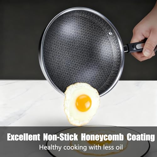 SLONUVLND 13 Inch Nonstick Frying Pan,Stainless Steel Frying Pan, Skillet with lid Suitable for Induction,Ceramic,Gas Cooktops and Ovens