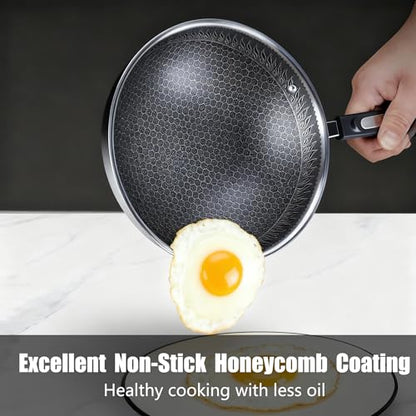 SLONUVLND Non Stick Frying Pans,Hybrid 12 Inch Stainless Steel Frying Pan,Honeycomb Skillet with Lid,Non-Toxic Cooking Pan,Compatible with All Cooktops