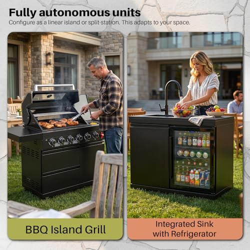 84 Inch Outdoor Kitchen Island, 6 Burner 75300 BTU Stainless Steel Propane Gas Grill Island with Sink and Refrigerator, SS304 Modular BBQ Barbecue Island with Granite Countertop and Rotisserie Kit