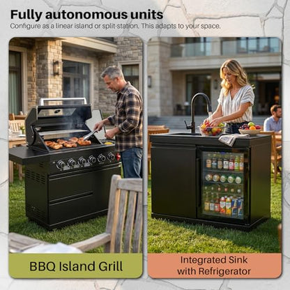 84 Inch Outdoor Kitchen Island, 6 Burner 75300 BTU Stainless Steel Propane Gas Grill Island with Sink and Refrigerator, SS304 Modular BBQ Barbecue Island with Granite Countertop and Rotisserie Kit
