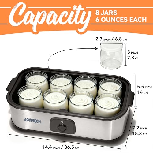 JoyMech Yogurt Maker Machine, 8 Glass Jars with Lids Reusable for Yoghurt, Oatmeal, Pudding, or Jello, Food-Grade Martial, One-touch Control, Homemade Yogurt
