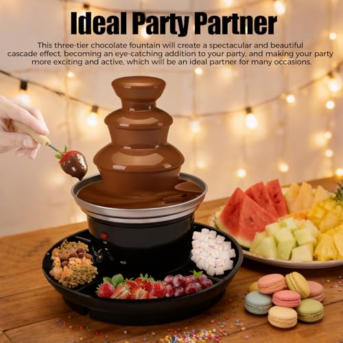 Chocolate Fondue Fountain, 3-Tier 1 lb Capacity Electric Chocolate Fondue Fountain Machine Stainless Steel Cheese Melting Heating Machine with Fruit Plate for Birthday Party Wedding Celebration
