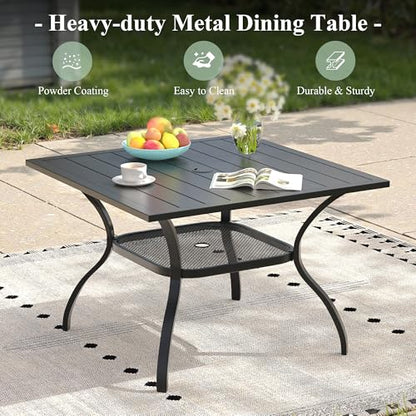 ARKOST 5 Pieces Patio Dining Set, Outdoor Furniture of 37.8" Square Patio Table and Patio Swivel Chairs for Backyard Lawn Garden, Black Table and Dark Blue Chairs