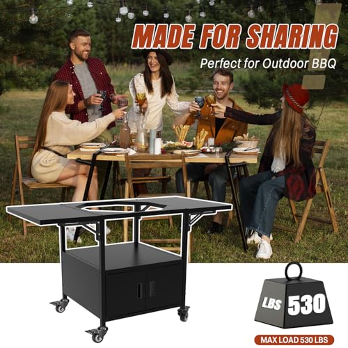 Outdoor Big Green Egg Grill Cart,Egg BBQ Grill with Dustproof Cover, 3-Duty Storage, 2 Sided Prep Table, 530Lbs&Heavy Duty Metal, Outside-in Easy assembly, Compatible with Big Green Egg,Kamado Joe