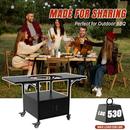 Outdoor Big Green Egg Grill Cart,Egg BBQ Grill with Dustproof Cover, 3-Duty Storage, 2 Sided Prep Table, 530Lbs&Heavy Duty Metal, Outside-in Easy assembly, Compatible with Big Green Egg,Kamado Joe